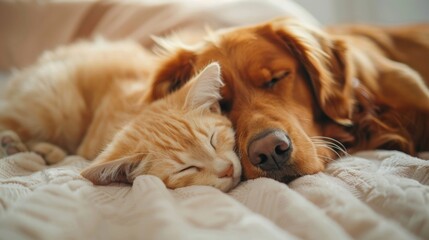 Cat and Dog Sleeping Together, Depicting Friendship and Peace