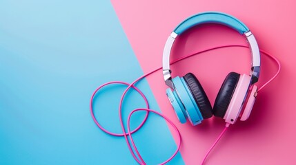 Blue and Pink Headphones on Dual Tone Background, Perfect for Music and Tech Promotions
