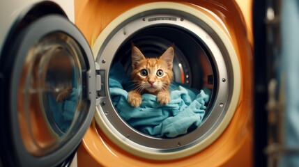 Home Cat in a Washing Machine. Accidental entrapment of cats in front-loading washing