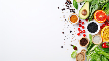 Healthy food clean eating selection, fruit, vegetable, seeds, superfood, cereal, leaf vegetable on...