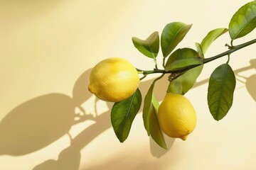 Lemon on branch with leaves on gradient background with shadow.