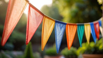 Colorful string flags in the garden for birthday party. Outdoor event decoration.	
