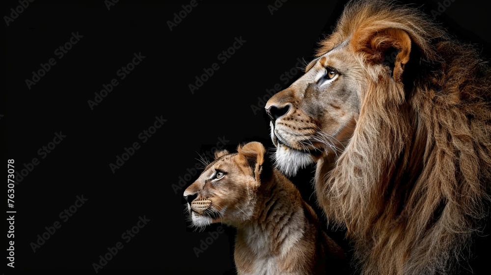 Poster male lion and cub portrait with object on right side, ample space on left for text