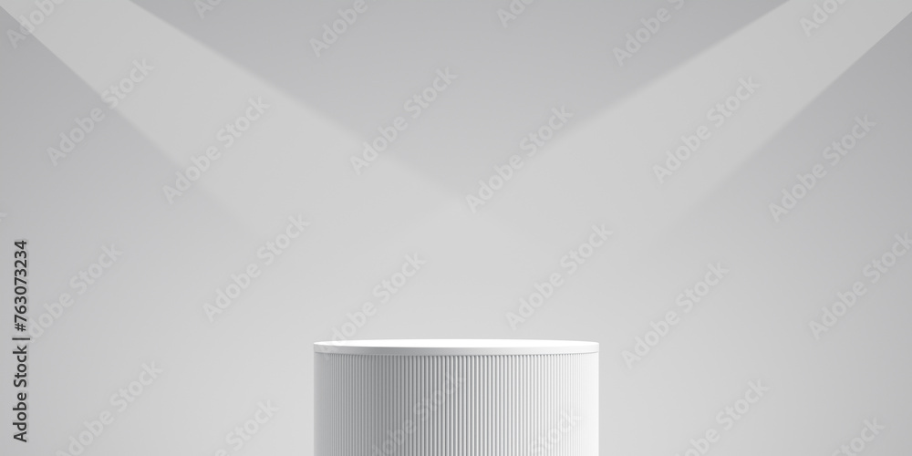 Poster minimal white podium 3d stage product display presentation background with spotlight beam show pedes