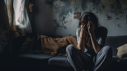 Fototapeta na wymiar Vulnerable woman at home experiencing depression 