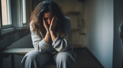 Vulnerable woman at home experiencing depression  - obrazy, fototapety, plakaty