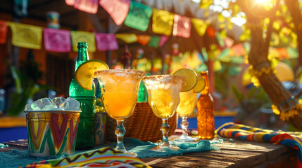 Cinco de Mayo with colorful margaritas on a vibrant tablecloth, complete with salt-rimmed glasses and lime garnishes, beer bottles, and traditional papel picado banners