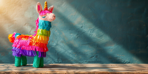 Vibrant llama pinata stands on sunny background casting playful shadows, spirit of a Cinco de Mayo celebration or any joyful party occasion