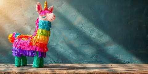 Tuinposter Vibrant llama pinata stands on sunny background casting playful shadows, spirit of a Cinco de Mayo celebration or any joyful party occasion © Maria Shchipakina