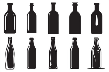 Set of black and white bottles silhouettes on white background. Vector illustration.
