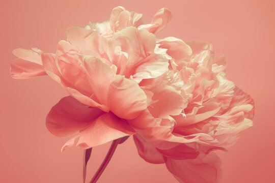 Lush, monochromatic peony bloom still life in Pantone's color of the year - living coral