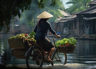 Woman Selling Fresh Vegetables on a Bicycle by the River - obrazy, fototapety, plakaty
