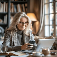 A Cheerful Retired Senior Businesswoman with Blonde Hair. Generative AI