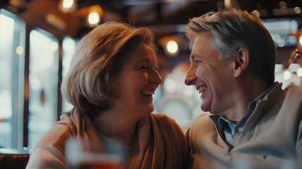 Naklejka premium A man and woman are sitting at a table in a restaurant, smiling and laughing together. Scene is happy and lighthearted, as the couple enjoys each other's company