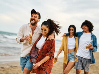 fun beach summer youth friend young woman group friendship happiness drink beer vacation sea couple together man lifestyle holiday - 763074461