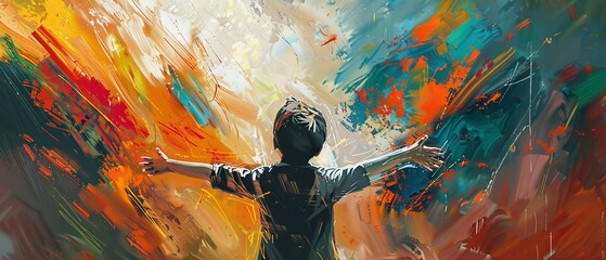 Courage  Resilience Paint a picture of courage and resilience with bold strokes and vibrant colors in a 2D illustrate featuring a brave young boy facing adversity - obrazy, fototapety, plakaty