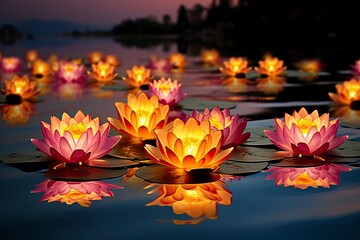 Lotus vesak lanterns floating on water with light reflection and copy space - generative ai