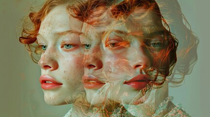 Artistic portrait of a freckled woman with a multi-exposure effect. Creative beauty and fashion concept, suitable for editorial and modern art design