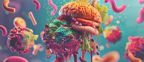 Fototapeta na wymiar Delve into the surreal world of nutrition with a thoughtprovoking 2D illustration highlighting the impact of protein on the human body