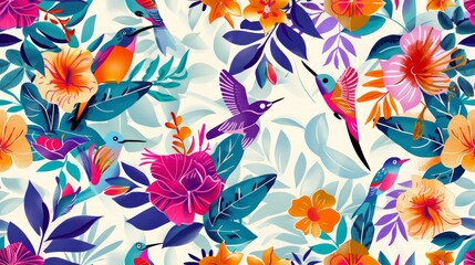 Fototapeta na wymiar Seamless pattern tropical rainforests with colourful birds and flowers