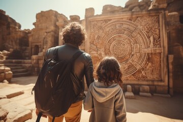 A man and a little girl are walking together in front of a stone wall. They appear to be exploring ancient ruins in a foreign land, creating a sense of curiosity and discovery