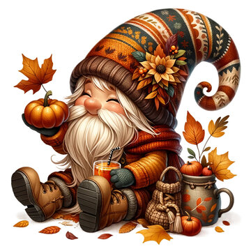 halloween pumpkin winter gnome clipart on solid transparent background