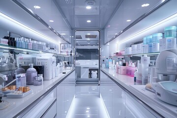 The sterile interior of a cosmetic studio with organized equipment and supplies professional photography