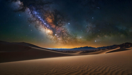 Photoreal 3D Product Presentation theme as Galactic Silence Concept As A vast desert with the Milky Way arching overhead providing a sense of solitude and wonder, Full depth of field, clean light, hig