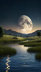 Fototapeta na wymiar Photoreal 3D Product Presentation theme as Lunar Serenade Concept As A gentle river winding through a meadow with a full moon casting its reflection on the water�s surface, Full depth of field, clean 