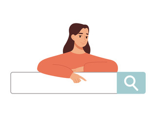 Searching Browsing Internet Data. Woman Pointing at Web Browser Online Search Engine. Flat Cartoon Vector Illustration.