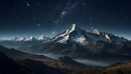 Photoreal 3D Product Presentation theme as Midnight Majesty Concept As A panoramic view of a mountain range under a sky glittering with constellations and a meteor shower, Full depth of field, clean l - obrazy, fototapety, plakaty