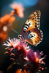 A macro shot of a butterfly sipping nectar from a flower with its long proboscis extended