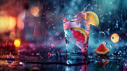 colorful cocktail in glass with splashes and lemon on dark background. Party club entertainment.  - obrazy, fototapety, plakaty