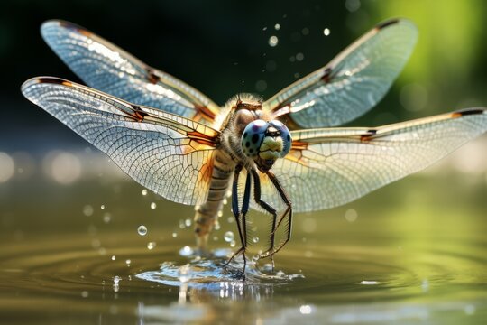 A detailed close-up shows a dragonfly perched delicately on the surface of a pond, with its wings glistening in the sunlight. The stillness of the water reflects the intricate beauty of the insect