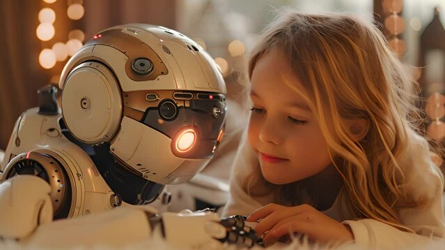 Home entertainment: Girl and robot enjoy fun-filled activities together.