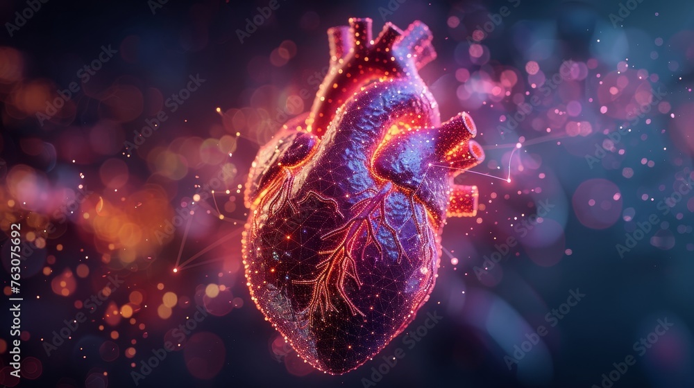 Wall mural a modern-illustrated heart with pain center. low poly wireframe. a polygonal, 3d human body on a dar