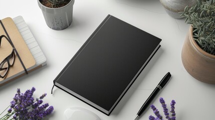 Elegant black notebook cover mockup with lavender flowers on minimalist background