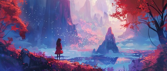 Explore the concept of wellbeing through the lens of a smart woman in a 2D illustrated fantasy world