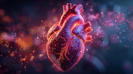 A modern-illustrated heart with pain center. Low poly wireframe. A polygonal, 3D human body on a dark background. Medical concept with geometry triangles. - obrazy, fototapety, plakaty