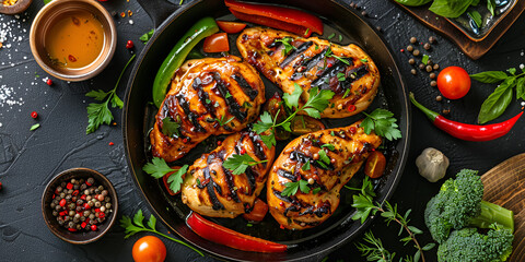 Marinated grilled healthy chicken breasts cooked on a summer and served with fresh herbs,  - obrazy, fototapety, plakaty