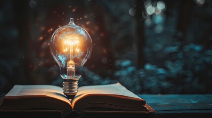 Glowing lightbulb over a book, Inspiring from read concept, Education knowledge and business education ideas, Innovations, self-learning, knowledge and searching for new ideas. - obrazy, fototapety, plakaty