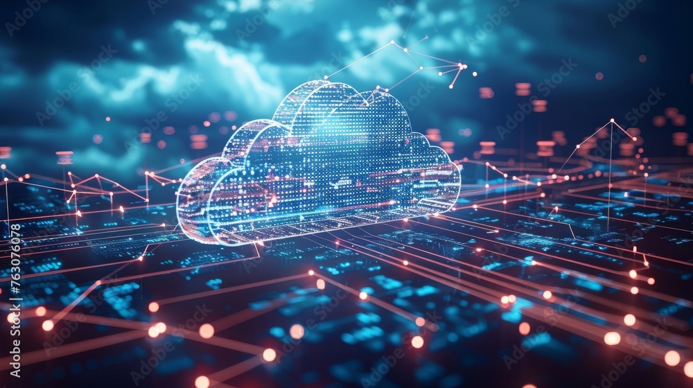 Poster Using internet cloud technology, data can be exchanged. FTP servers and backup copies on computers. Shared files are stored isometrically. Digital document transfer system.