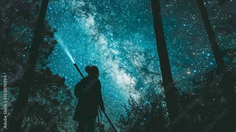 Poster long exposure photo of milky way. man holds a flashlight illuminating the night sky. low iso and lon