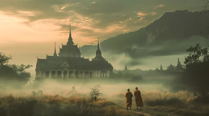 Fotobehang Monks walk quietly through the serene temple grounds. The tranquility and spiritual devotion of monkshood. Generative AI.  © Peachaya
