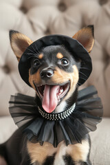 Joyful Puppy dressed in vintage retro fashion Costume and hat. Smiling dog dressed in vintage-style clothes on flat background with copy space.