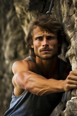 A rock climber is seen clinging to an overhang on the side of a mountain, muscles straining as he ascends the steep incline