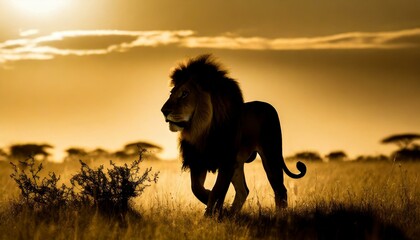 Silhoutte of a lion walking throught the grassy plain savanna, dark, evening, sunset