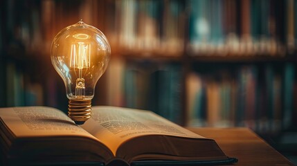 Glowing lightbulb over a book, Inspiring from read concept, Education knowledge and business education ideas, Innovations, self-learning, knowledge and searching for new ideas. - obrazy, fototapety, plakaty