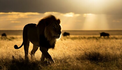 Silhoutte of a lion walking throught the grassy plain savanna, dark, evening, sunset
