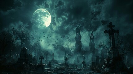 3D Illustration of a cemetery at night with a moon in a cloudy sky and bats - A spooky cemetery at night featuring a moon and bats - obrazy, fototapety, plakaty